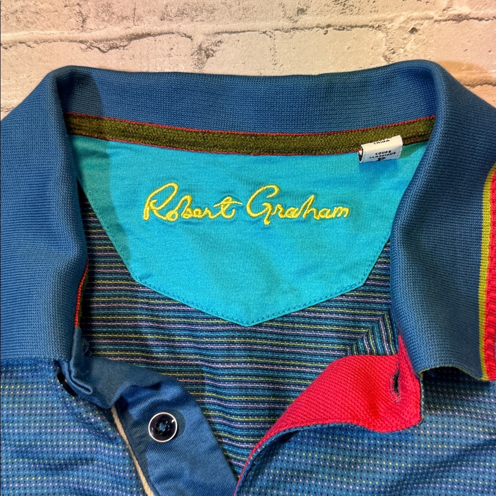 Robert Graham S Small blue colorful micro pattern mercerized cotton polo shirt - Picture 2 of 6